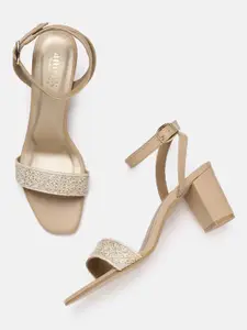 Anouk Women Beige & Gold-Toned Western Embellished Mid-Top Block Heels