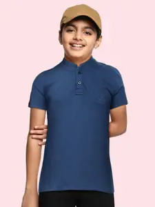YK Boys Navy Blue Cotton Stand Collar T-shirt