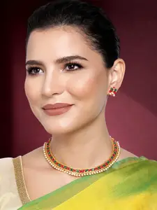 Peora Red & Green Gold Plated Choker Necklace Set