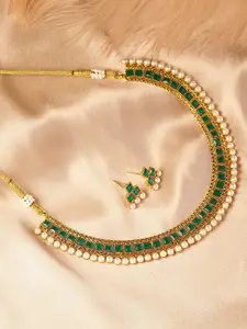 Peora Gold Plated Green Kundan Handcrafted Traditional Earrings & Necklace Jewellery Set