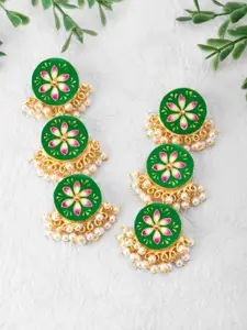 Peora Green & Gold-Plated Floral Pearl Beaded Meenakari Drop Earrings