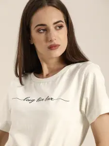 Moda Rapido Women White  Black Embroidered Round Neck  Pure Cotton T-shirt