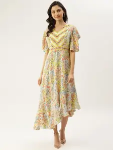 Label Ritu Kumar White & Yellow Floral Asymmetric Crepe A-Line Midi Dress