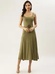 Label Ritu Kumar Women Olive Green Solid A-Line Midi Dress and Belt