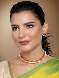 Peora Gold-Plated & Red Kundan Handcrafted Traditional Earrings & Necklace Jewellery Set