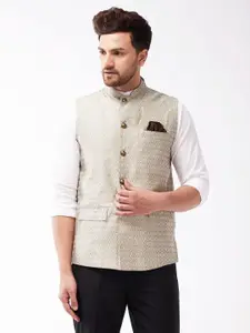 VASTRAMAY Men Grey Woven Design Nehru Jackets