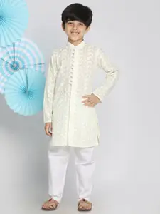 VASTRAMAY Boys Yellow & White Self Design Kurta with Pyjamas