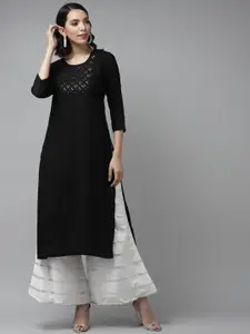 Libas Women Black Yoke Design Mirror Work Kurta
