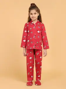 PICCOLO Girls Red & Black Floral Printed Night suit with Slip-on