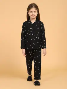 PICCOLO Girls Black & White Printed Night Suit With Slip-ons