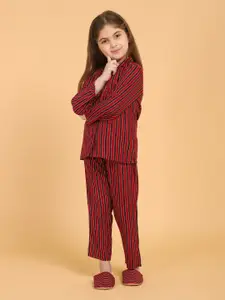 PICCOLO Girls Maroon & Black Striped Pure Cotton Night Suit