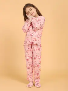 PICCOLO Girls Pink & Red Printed Cotton Night suit with Sliders
