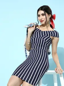 Veni Vidi Vici Women Deep Navy Blue Striped Co-Ords Dress