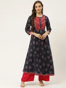 FABRIC FITOOR Women Navy Blue & Pink Floral Printed Floral Kurta