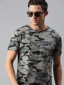 Urbano Fashion Men Black  Grey Camouflage Printed Slim Fit Pure Cotton T-shirt