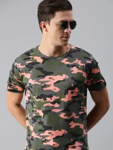 Urbano Fashion Men Green  Coral Camouflage Printed Slim Fit Pure Cotton T-shirt