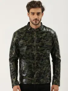 Leather Retail Men Green & Black Printed Leather Jacket