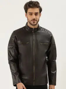 Leather Retail Men Coffee Brown Solid Leather Jacket