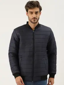 Leather Retail Men Navy Blue Solid Bomber Jacket