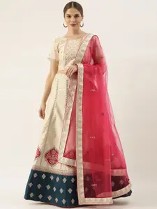 Shaily Cream Embroidered Thread Work Semi-Stitched Lehenga & Unstitched Blouse With Dupatta