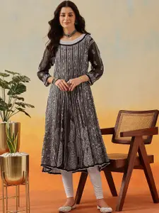 ADA Women Black & White Ethnic Motifs Chikankari Embroidered Georgette Handloom Kurta