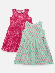 LilPicks Girls Pack of 2 Pink & Green Printed A-Line Dress