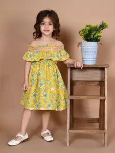 LilPicks Girls Yellow & Green Printed Fit and Flare Off-Shoulder Dress