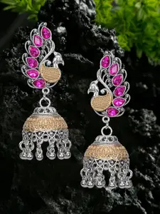 YouBella Pink & Brown Silver-Plated Dome Shaped Jhumkas