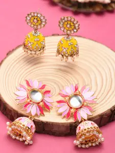 Zaveri Pearls Set Of 2 Gold-Plated & Yellow Dome Shaped Jhumkas