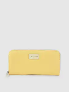 Caprese Women Yellow & White Solid Leather Zip Around Wallet