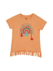 Ed-a-Mamma Girls Orange Printed Round Neck Cotton Fringed Hem Sustainable Pure Cotton T-shirt