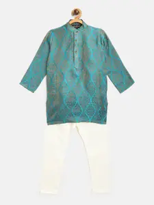 SOJANYA Boys Teal Blue & Off-White Woven Design Kurta with Pyjamas