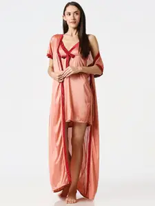 AV2 Peach-Coloured & Red Solid Satin Nightdress with Robe