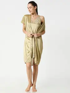 AV2 Gold-Toned Solid Nightdress  with Robe