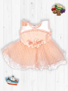 MeeMee Girls Peach-Coloured Fit and Flare Cotton Frilly Party Dress