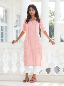 AURELIA Women Peach-Coloured & White Geometric Printed Kurta