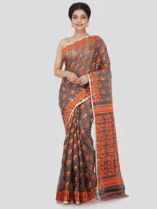 PinkLoom Grey & Orange Pure Cotton Woven Design Handloom Jamdani Sustainable Saree