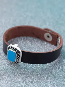 Dare by Voylla Men Silver-Plated Turquoise Blue Leather Handcrafted Wraparound Bracelet