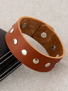 Dare by Voylla Men Silver-Plated & Brown Leather Wraparound Bracelet