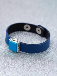 Dare by Voylla Men Silver-Plated & Blue Leather Wraparound Bracelet