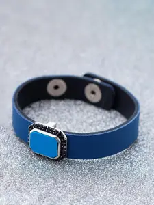 Dare by Voylla Men Silver-Toned & Blue Leather Wraparound Bracelet