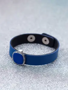 Dare by Voylla Men Silver-Toned & Blue Leather Wraparound Bracelet