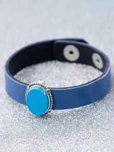 Dare by Voylla Men Silver-Toned & Blue Leather Silver-Plated Handcrafted Wraparound Bracelet
