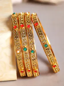 Rubans Set Of 4 Pink & Green 24K Gold-Plated Stone-Studded Handcrafted Bangles