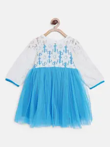 Bella Moda Girls White & Blue Net Self-Design Fit & Flare Dress with Lace Detail