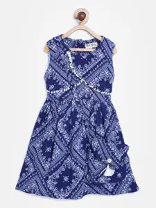 Bella Moda Girls Navy Blue & White Bandana Print Tie-Up Fit & Flare Dress with Sling Bag