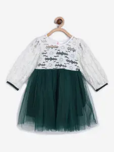 Bella Moda Girls White & Green Colourblocked Floral Lace Tie-Up Fit & Flare Dress