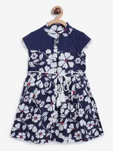 Bella Moda Girls Navy Blue & White Floral Print Schiffli Detail Fit & Flare Dress & Belt
