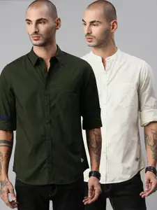 Roadster Pack of 2 Men Green & Off-White Regular Fit Solid Casual Shirt