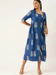 Anouk Women Navy Blue & White Ethnic Motifs Printed A-Line Midi Dress